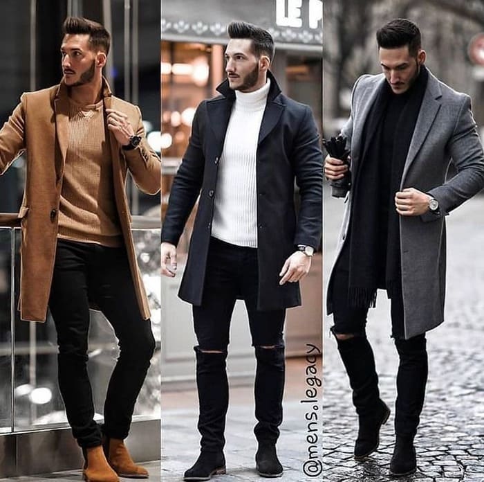phối áo măng tô nam với áo len cao cổ