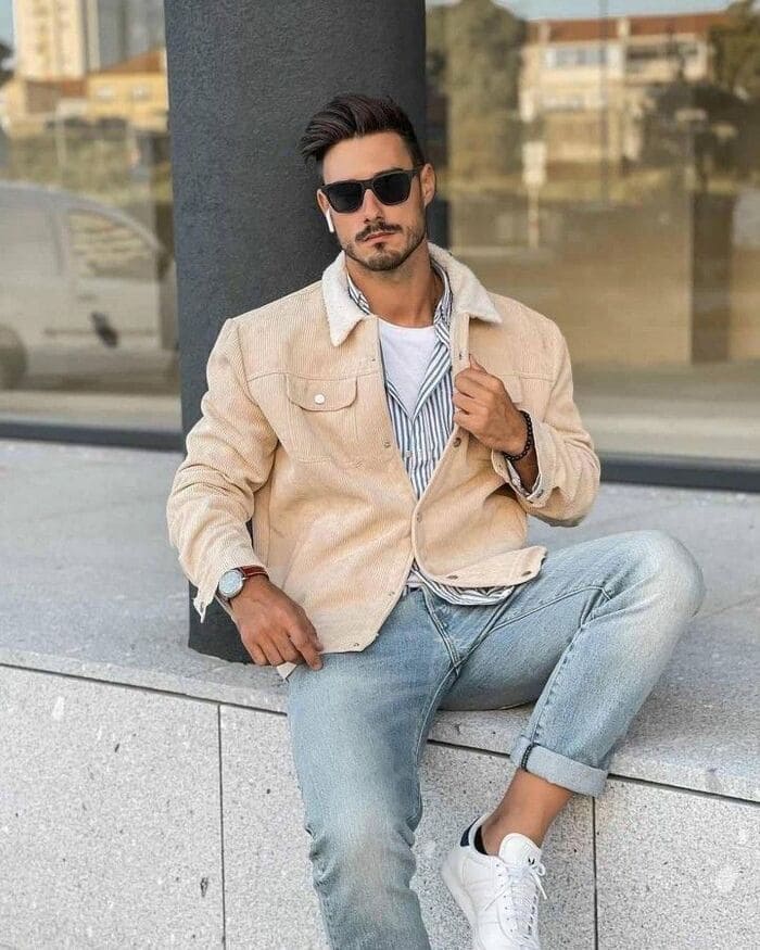 phối đồ với áo khoác nam cùng quần jeans