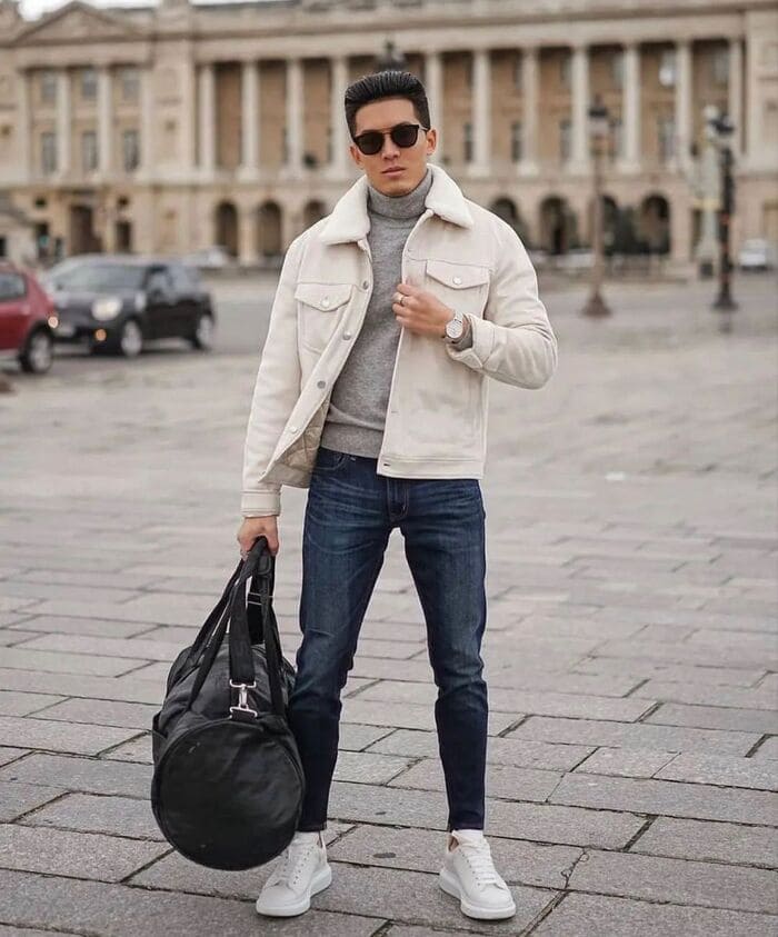 phối đồ với áo khoác nam cùng quần jeans